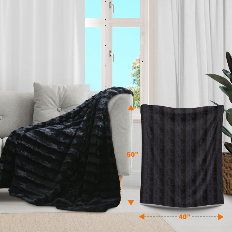 Luxurious Black Faux Fur Reversible Throw Blanket, 40" x 50"