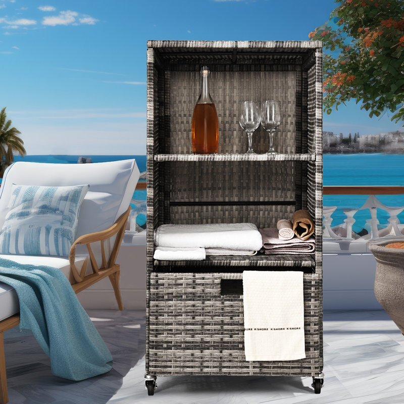 Outdoor Towel Rack For Pool Outdoor Pool Towel Storage Cabinet With Shelf & Drawer Pool Towel Hoder With Rolling Wheels Hot Tub Towel Rack W/Waterproof Cover Poolside Towel Valet Caddy For Spa Grey