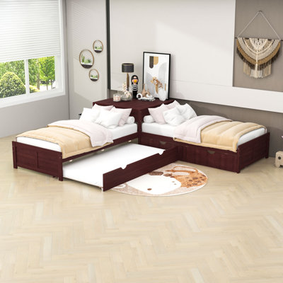 Twin Size L-Shaped Bed with Built-in Table and Twin Trundle,Drawers