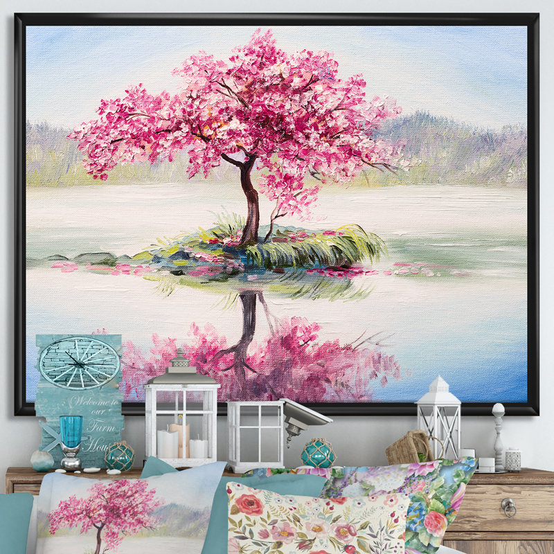 Cerisier japonais sur un petit îlot idyllique - reproduction d'art sur toile, H 24 po x l 32 po x P 1 po