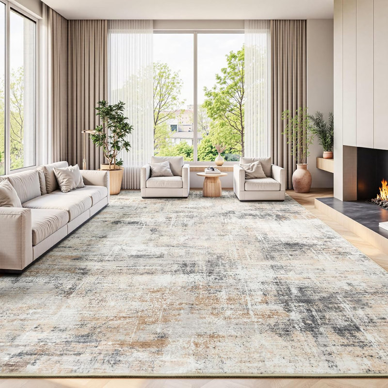 9'X12' Modern Abstract Distressed Washable Area Rug with Anti-Skid Rubber Backing Beige, Rectangle 9' x 12'