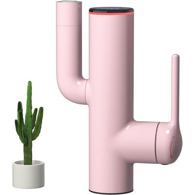 Bathroom Sink Faucet, Cactus-Shaped, Single Hole with Water-Powered 3Colors LED Temperature Display and Adjustable Outlet, 2 Water Flow Modes with Supply Hoses, No Battery, Pink