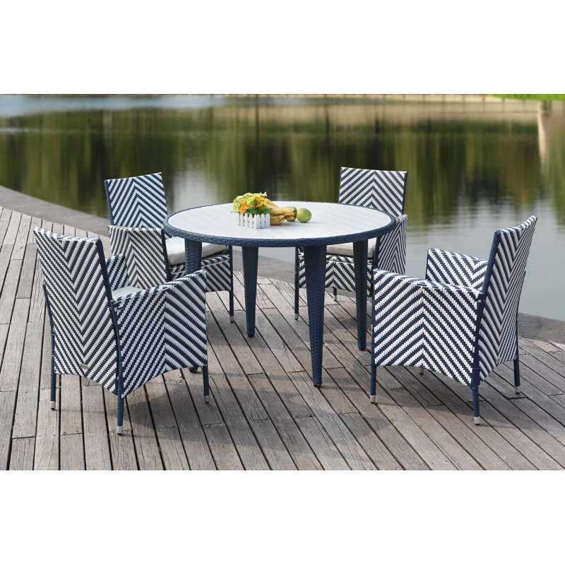 Ensemble repas 5 pièces avec coussins Mcrady, Bleu marine/blanc