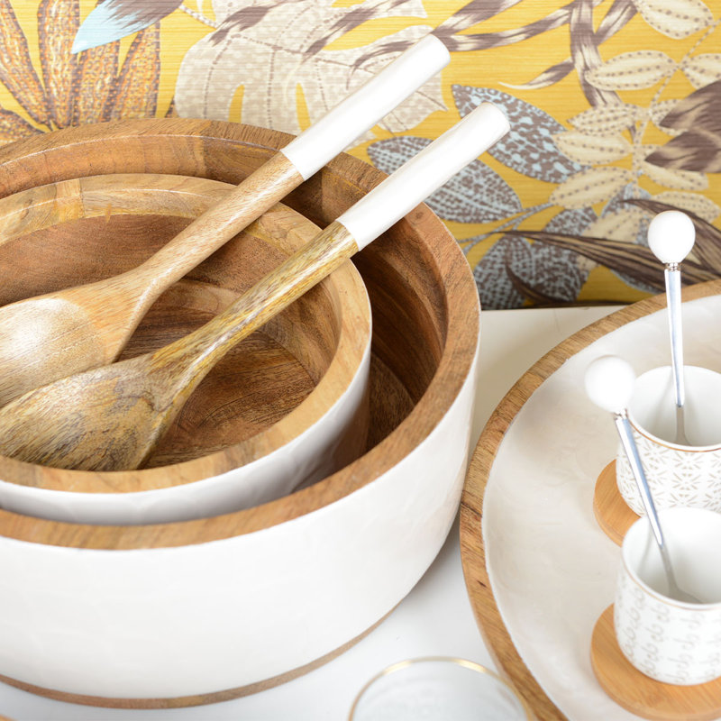 WHITE PEARL MANGO WOOD SALAD BOWLS 23CM AND 30CM - SET OF 2