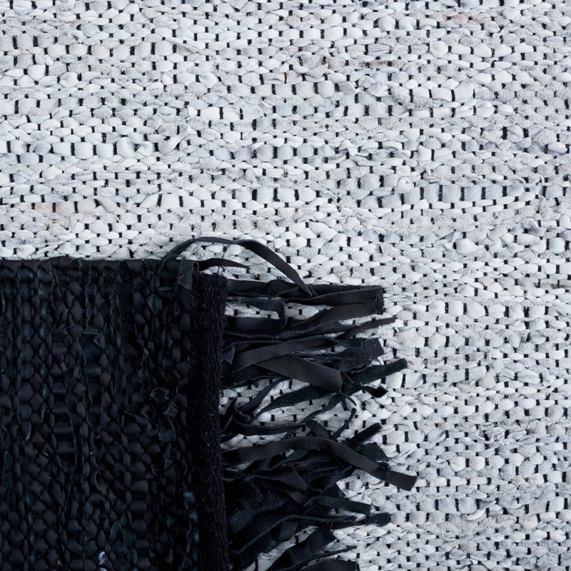 Kostanca Vintage Leather Hand Woven Leather/Cotton Rug in Black/Ivory, Square 6'