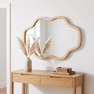 Cloud Shape Solid Wood Franme Decorative Mirror,Irregular Wooden Framed Decorative Vanity Mirror, Rustic Farmhouse Accent Mirror for Bathroom, Entrywa