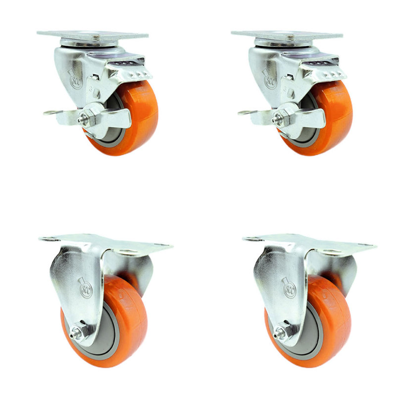 Ensemble de roulettes 3,5 pouces en polyuréthane orange avec plateau supérieur et 2 freins