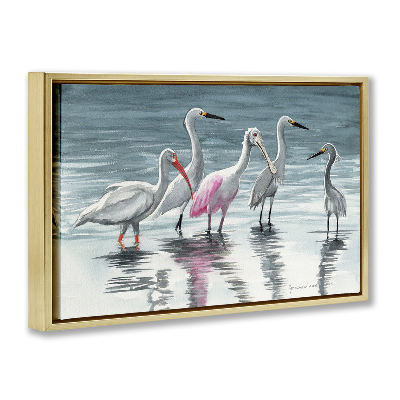 «Herons Stepping in Shore» par Christine Reichow, Cadre flottant métallique doré, H 17 po x l 25 po