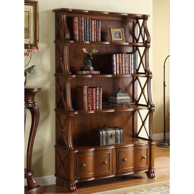 Traditional Rubber Wood 2-Drawer Open Bookcase with X-Shaped Accents