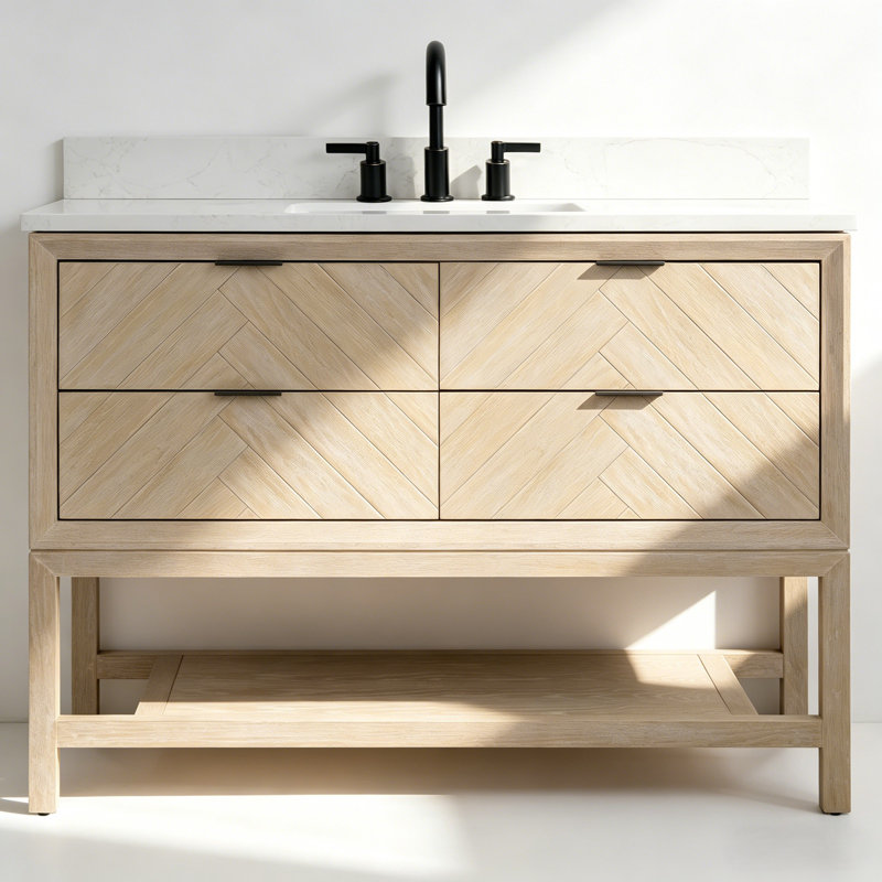  48" Freestanding Single Sink Solid Wood Natural Oak Bathroom Vanity with Engineered Marble Top, White Washed Oak