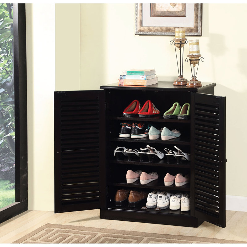 Armoire à chaussures avec portes à persiennes et tablettes réglables en bois massif, Espresso