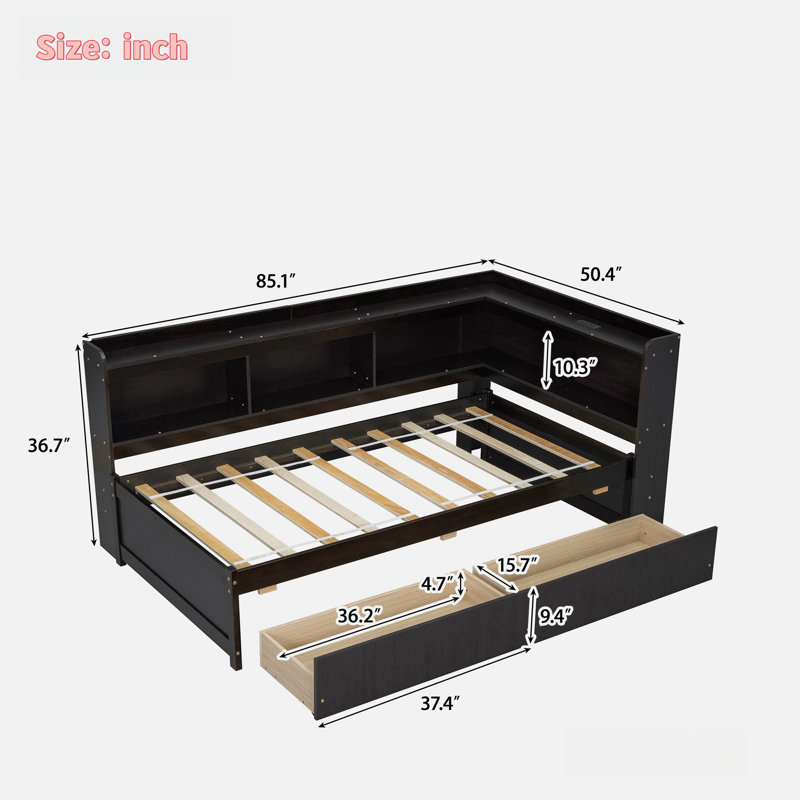 L-shaped Daybed With Bookcases, Charging Station And Two Drawers, Twin, Espresso