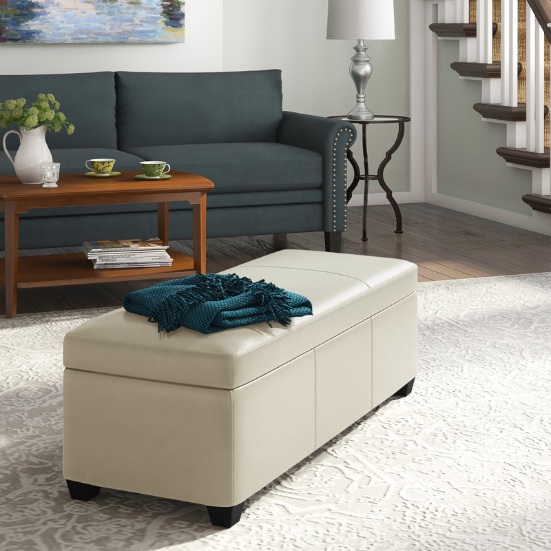 Aiyahna 46.85" Wide Rectangle Upholstered Storage Ottoman, Cream Faux Leather