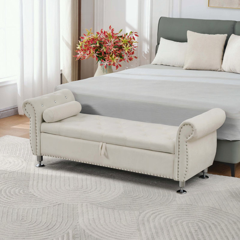 Beige Velvet Storage Bench with Crystal Buttons