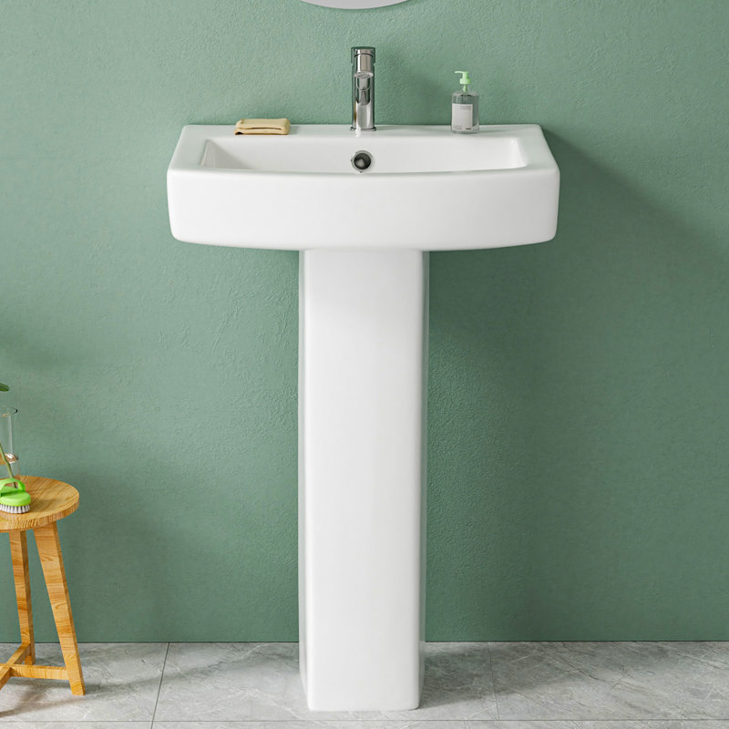 22"W x 17"D Bathroom Pedestal Sink Combo Vitreous China White, with 1 Faucet Hole & 1 Overflow Hole, Glossy White
