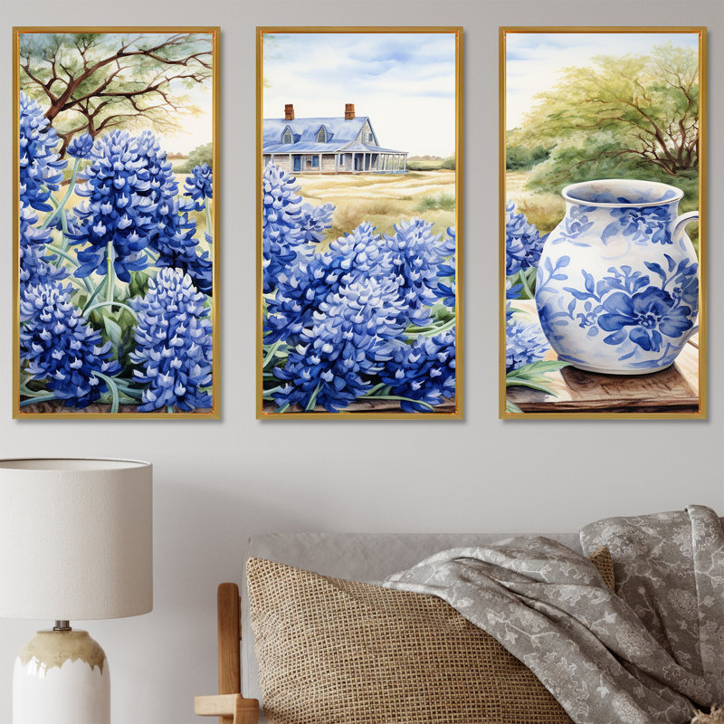 «Blue Bonnets Farmhouse Still Life - Blue Bonnets», ensemble d'art mural, Cadre flottant doré, H 40 po x l 60 po x P 1 po
