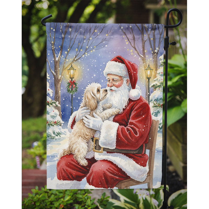 Maltipoo avec le drapeau du jardin du père Noël, Taille du jardin, Maltipoo