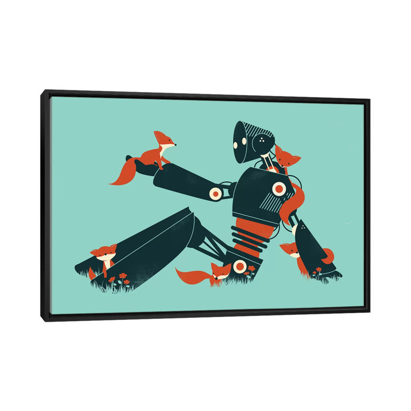 «Foxes And Robot» par Jay Fleck - reproduction sur toile tendue, H 40 po x l 60 po x P 1,5 po, Toile avec cadre noir