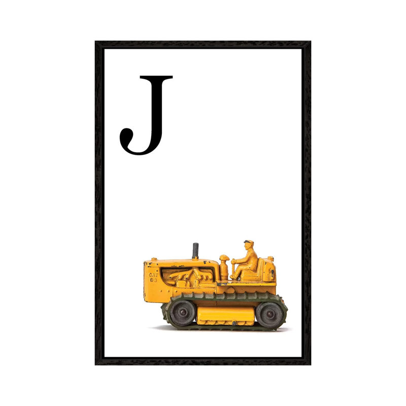J Bulldozer Yellow White Letter - Print on Canvas, 101.6 cm H x 66.04 cm W, Black Framed