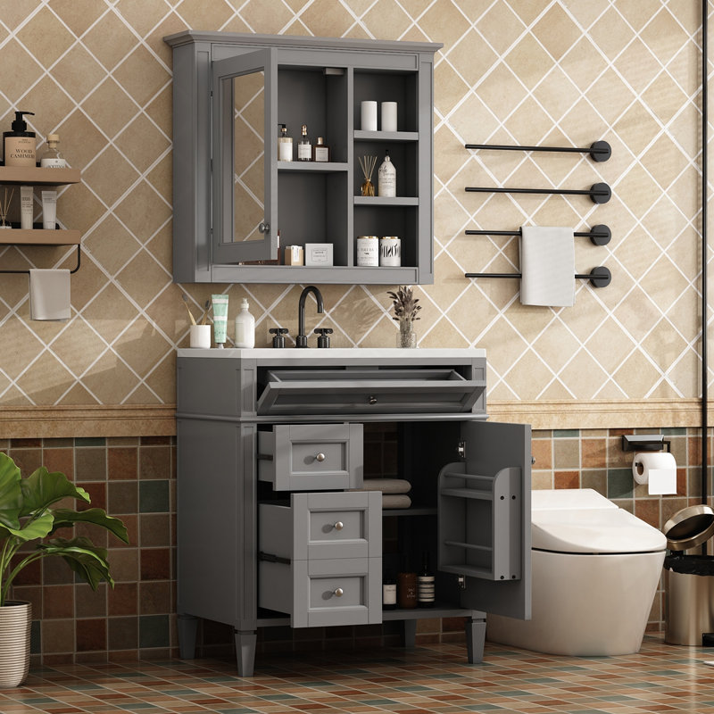 Meuble-lavabo de salle de bain moderne 30 po avec lavabo supérieur, Gris