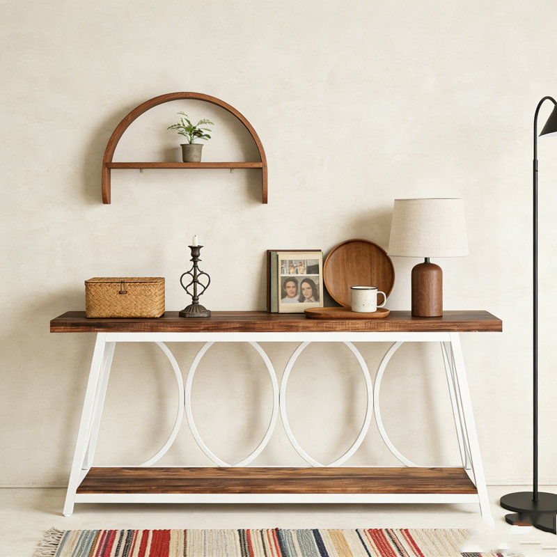 2-Tier Console Table Industrial Sofa Table Behind Couch with Shelves, White & Brown