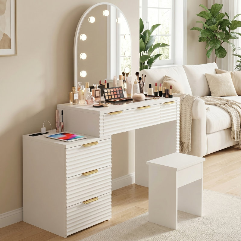 Makeup Vanity Set with Lighted Mirror and 6 Storage Drawers, Vanity Set with Mirror and Stool, Makeup Dresser Table for Bedroom, Checkroom