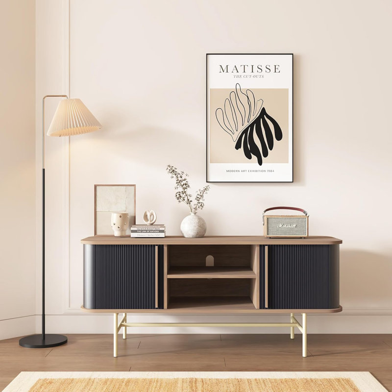 Buffet avec portes coulissantes, crédence Mid-Century moderne avec 2 portes tambour, armoire de rangement minimaliste pour le salon, console média avec rangement, noir noyer