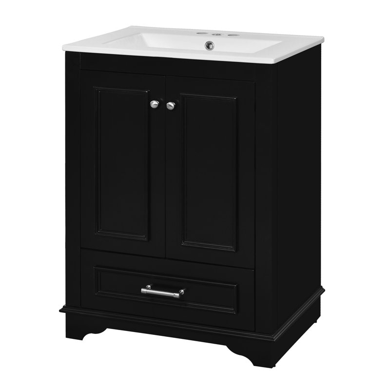 Meuble-lavabo de 24 po en céramique - apparence moderne noire, armoire, poignée argentée, rangement fonctionnel, tablette réglable, avec portes autoportantes à fermeture en douceur, poignées