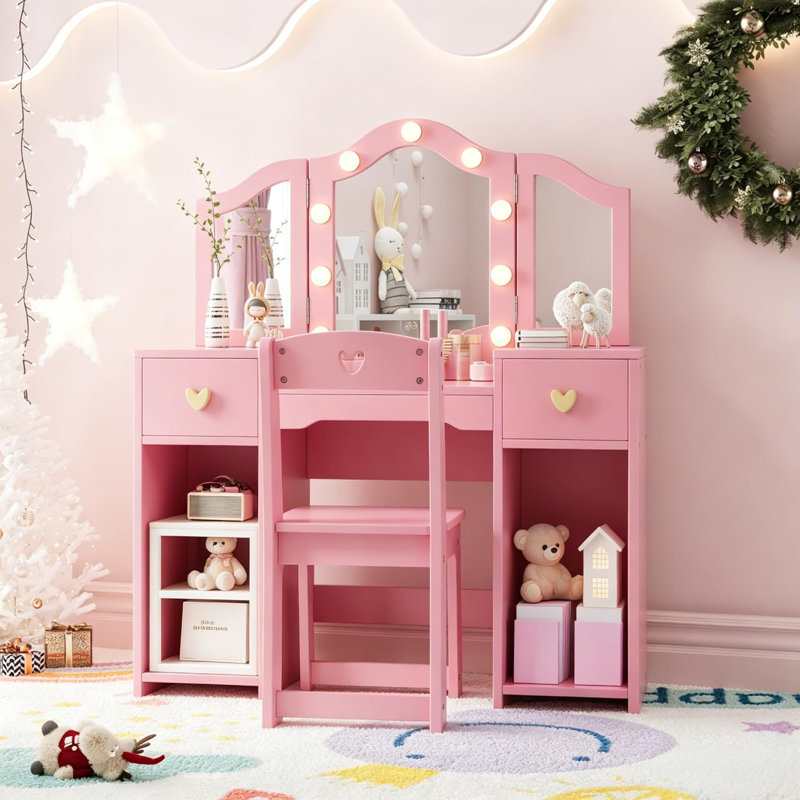 Ensemble de coiffeuse et fauteuil tactile Pink Princess, miroir de bureau pliant 3-en-1, 2 tiroirs et armoires, Rose