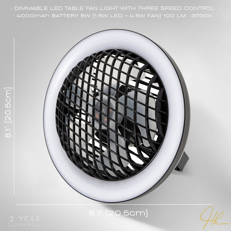 Rechargeable 3 Speed Desk Fan With LED Dimmable Ring Light By, Matte Black