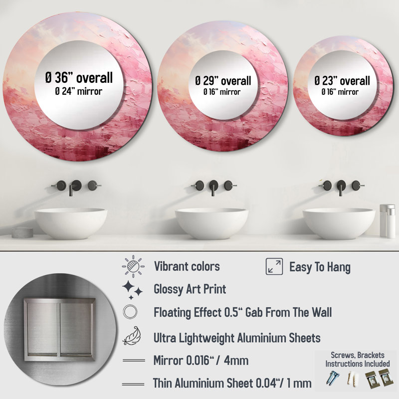 Pink Horizon - Landscapes Mirror, Pink Round Unique Wall Mirror, Printed Metal Art, 29" x 29"