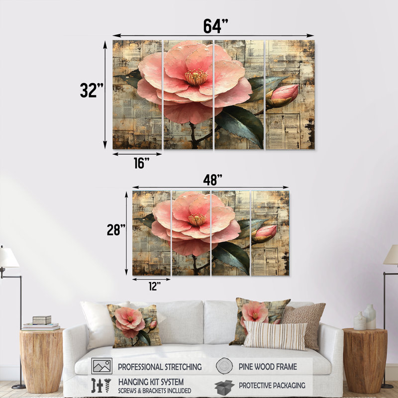 Ensemble de décorations murales Camellia rose et vert Winter Bloom II, H 28 po x l 48 po