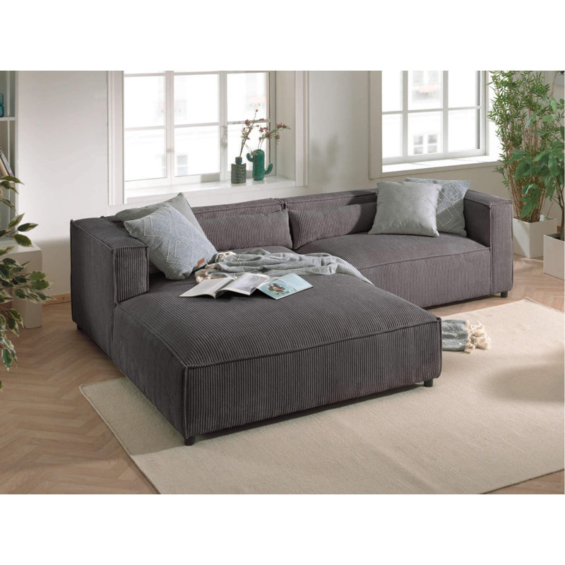 4 Seater Left Corner Sofa - Corduroy - Contemporary Style, Dark Grey, Left Hand Facing