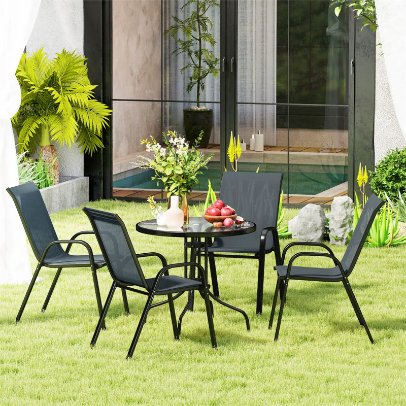 Five-Piece Steel Patio Set, with Glass-Top Table, Gray