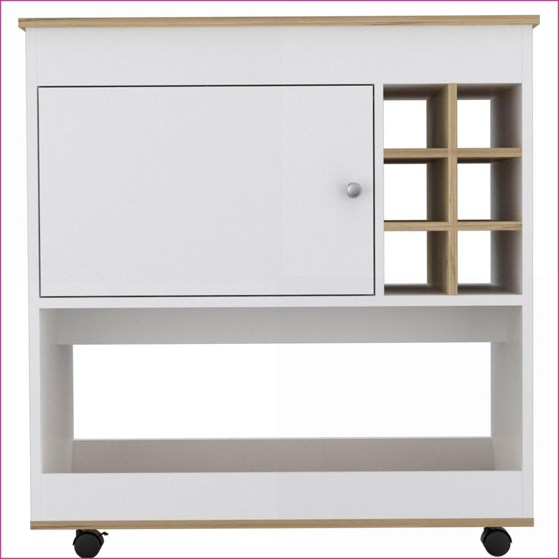 Chariot-bar avec dessus 39,9 po, six casiers à bouteilles, armoire et amp; Panneau inférieur - Chêne clair / blanc cassé | Panneau de particules | Multicolore