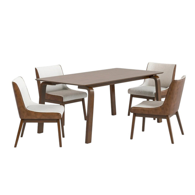  Ensemble de salle à manger rectangulaire en bois avec sièges rembourrés en noyer et beige, 5