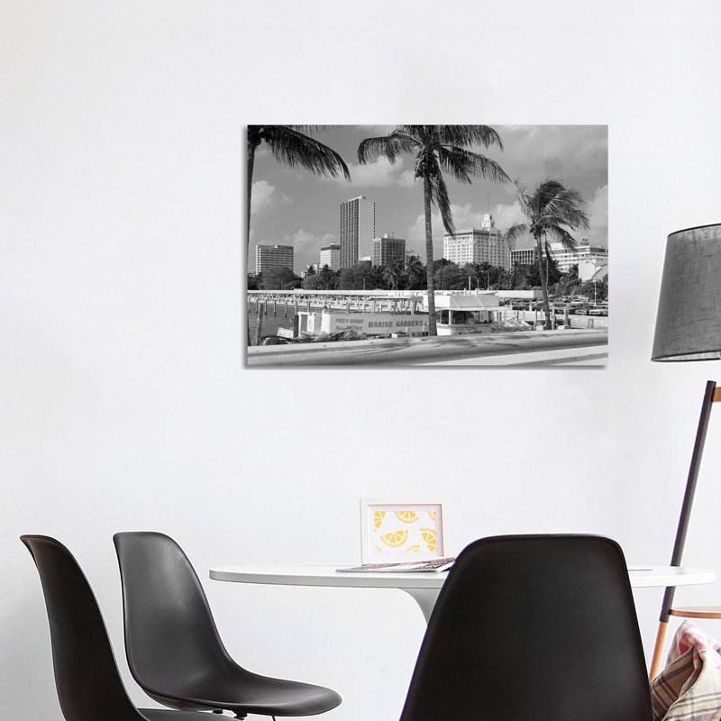 1970s Sightseeing Boat At Pier Day Light Skyline Palm Trees Miami Florida USA - Wrapped Canvas Print
