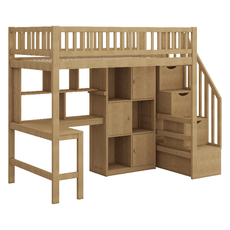 Lit mezzanine simple en bois: bureau intégré, DEL, tablettes de rangement, armoires et escalier, Noyer
