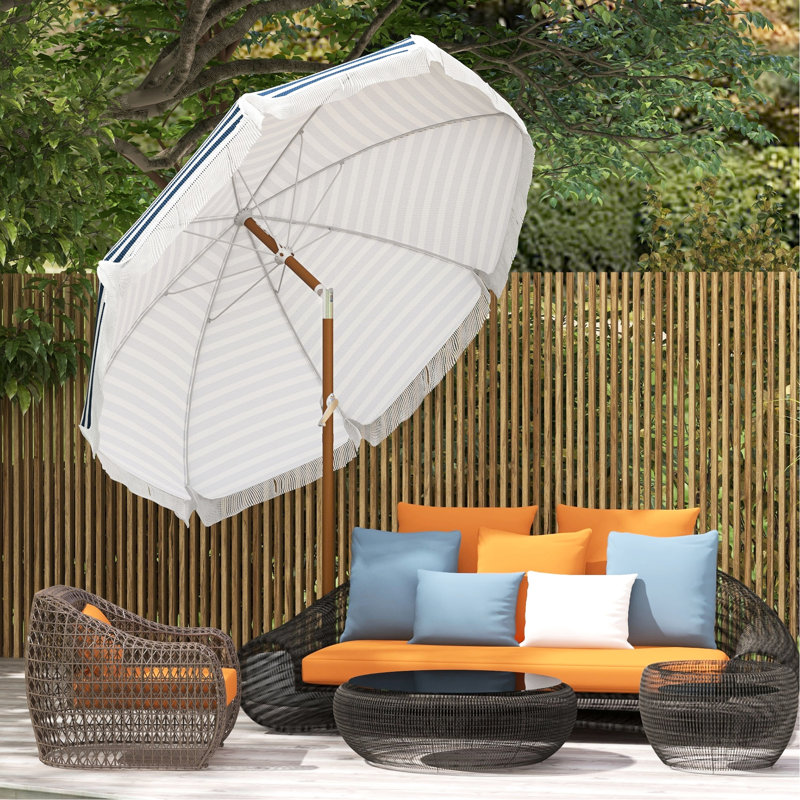 Parasol d'extérieur à rayures bleues avec inclinaison et évent - Parasol à volants pour protection contre le soleil H 7,7 pi