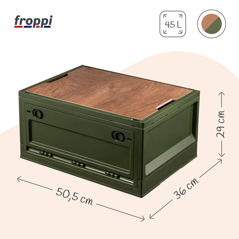 Froppi Camping Large Green Plastic Collapsible Storage Box with Wooden Lid L50.5 W36 H29 cm