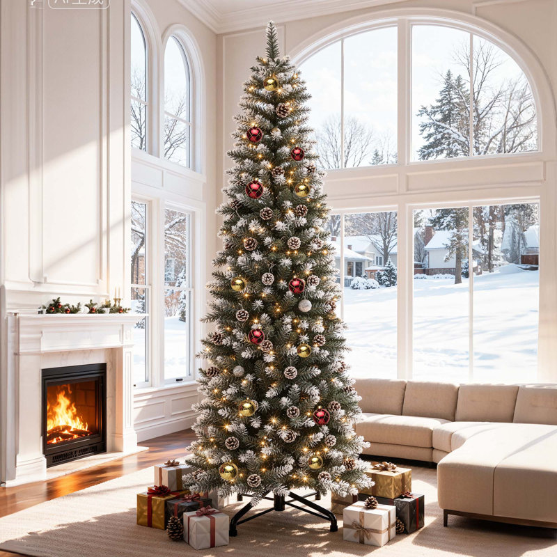 Arbre de Noël artificiel pin enneigé 6 pi avec 3 pommes de pin et 3 lumières claires, H 6 pi
