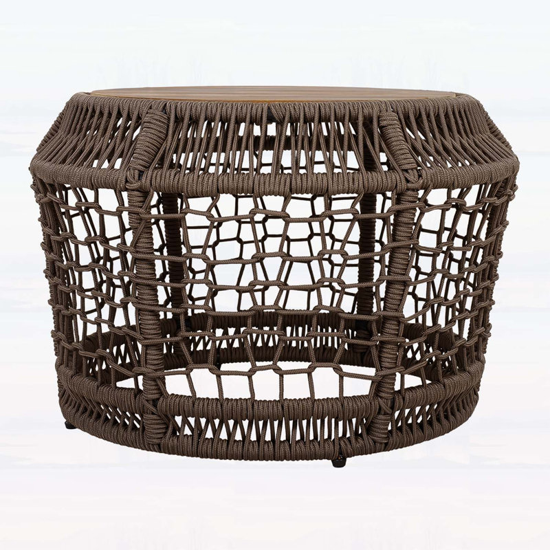 Table d'appoint ronde en bois d'acacia avec structure en corde tissée grise, plateau en teck, capacité de 150 lb, aucun assemblage requis, table d'appoint résistante aux intempéries pour le salon de patio
