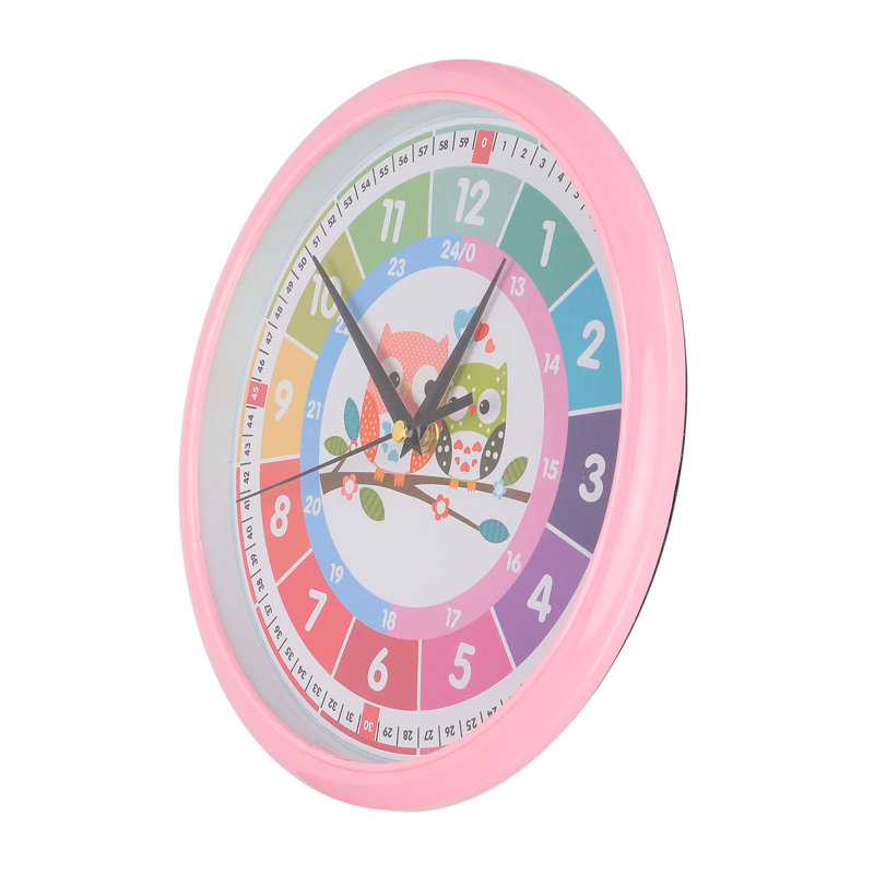 Horloge murale en plastique rose, motif de dessin animé coloré, à quartz, idéale pour apprendre l'heure dans une chambre d'enfant ou une salle de classe.