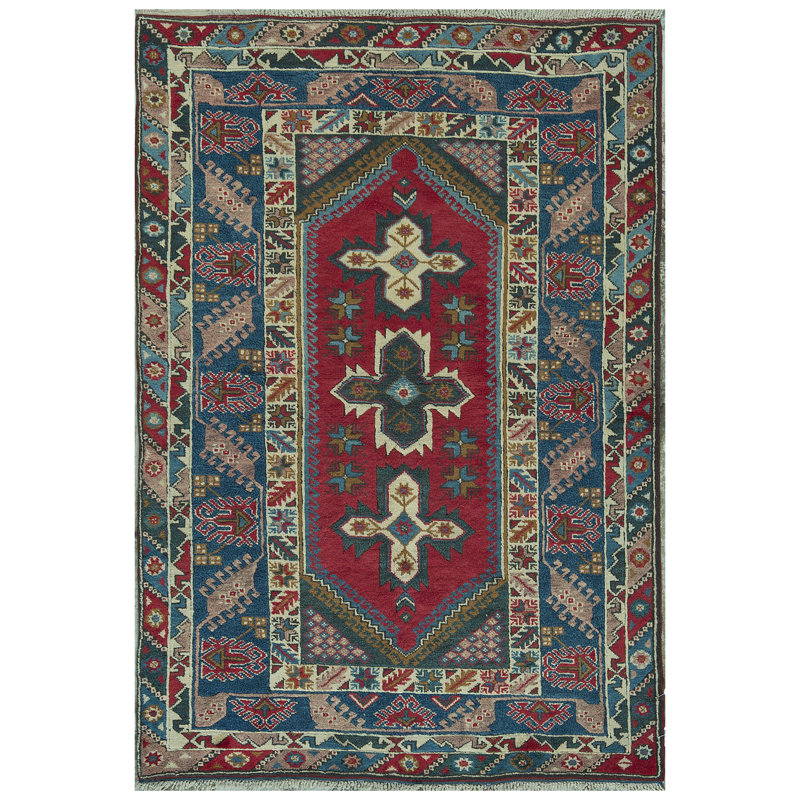 Tapis rouge et bleu marine noué à la main de haute qualité