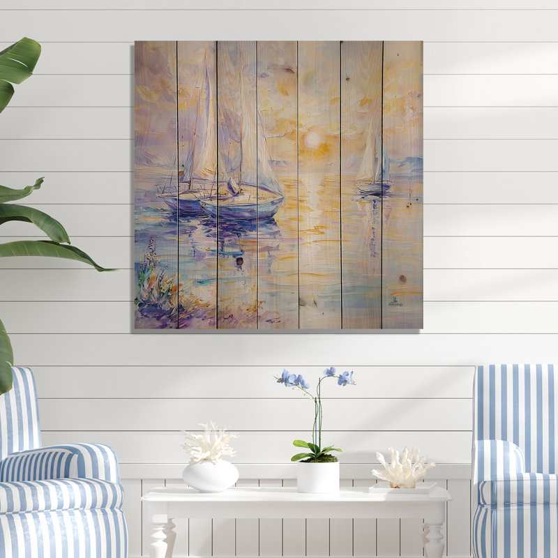 Ancre et voiliers - Bateau à voile imprimé en bois bleu sur bois de pin naturel, H 25 po x l 25 po