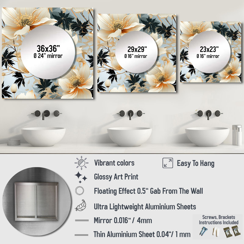 Delicate Magnolia Dreams - Miroir floral carré pour décoration murale, 29 po x 29 po