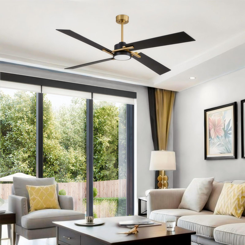 Ventilateur de plafond à 4 pales avec lumière DEL et télécommande Kyliegh, Doré, 72 po de largeur, Noir