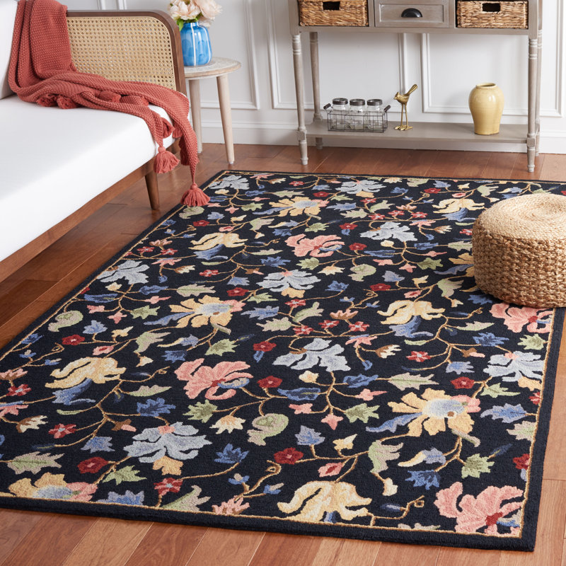 Tapis floral rouge / noir en laine / coton touffeté à la main Chelsea, Rectangle 5 pi x 8 pi