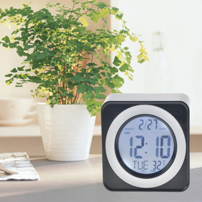 Horloge électronique carrée à écran ACL rétroéclairé avec commande vocale, calendrier et affichage de la température, noire