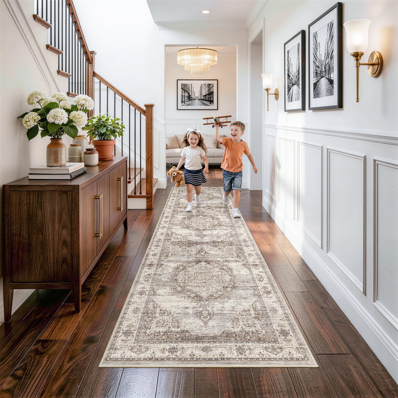 Washable 3x12 Hallway Runner Rug: Vintage Non Slip Soft Rug for Entryway Kitchen Living Room Low-Pile Water Resistant Carpet for Bathroom Nursery Thin Floor Mat for Bedroom Dining Room(Beige,3x12)